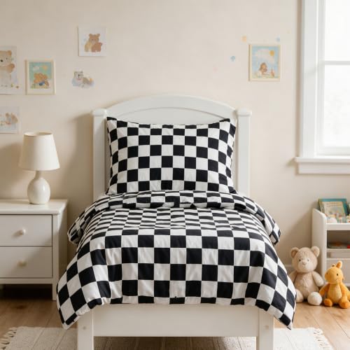 Image of CLOTHKNOW 4Pieces Black White Plaid Toddler Bedding Sets for Boys Girls | Kids Comforter, Soft Crib Bedding Set Including Comforter, Flat Sheet, Fitted Sheet and Pillowcase