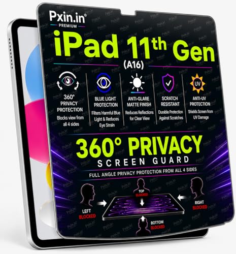 Image of Pxin 360 Pro Privacy Screen guard compatible with iPad (A16) - 11th Gen | Anti Glare | Anti UV | Anti Blue | Anti Reflection | Privacy Filter | Unbreakable Build