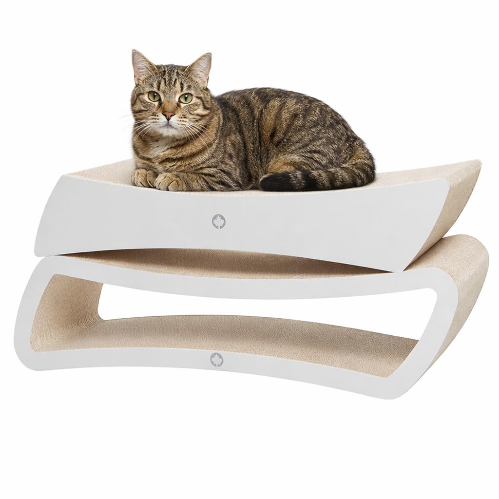 CanadianCat Company | Kratzbrett Set Eclipse & Pulsar für Katzen aus robuster Wellpappe mit Holzoptik - 2 beidseitig nutzbare Kratzmöbel kombinierbar als Lounge, Kratzfläche und Liegeplatz