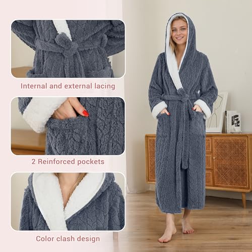 LYCY Plush Full-Length Hooded Robe for Women, Warm Winter Fleece Bathrobe with Pockets2