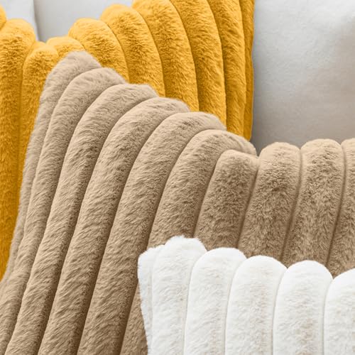 Image of MIULEE Faux Fur Decorative Throw Pillow Covers 18x18 Set of 2 Khaki | Modern Fall Home Decor Soft Plush Couch Pillows Cozy Fluffy Cushion Covers for Sofa Bed Living Room