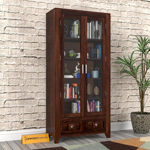 Image of Solid Sheesham Wood Book Cabinet with Acrylic Glass Doors | Rosewood Display Storage Unit with Shelves & Drawers for Home & Office | Louge (A-Walnut)