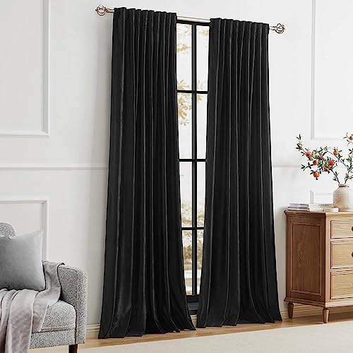 Image of PRIMROSE Black Curtains 90 inch for Living Room Velvet Drapes Blackout Rod Pocket Back Tab Window Treatment Semi Room Darkening Decor Curtains for Bedroom Set of 2 Panels