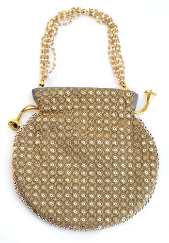 Image of Potli Bag Golden work wedding potli for ladies Gift for women handbags traditional Indian Wristlet with Drawstring Ethnic Embroidery Fashion Potli.