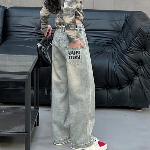 Rhinestone Wide Leg Jeans Girls Elastic Wasit Letter Embroidery Denim Pants Vintage Distressed Y2k Straight Trousers Pants3