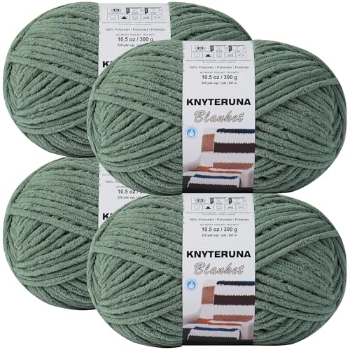 Knyteruna #6 Super Bulky Blanket Yarn for Crocheting - 4 Skeins(Each 10.5oz/300g 220yds/201m) Chunky Chenille Thick Plush Big Soft Yarn for Crocheting Knitting Blankets Smoky Green