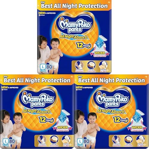 Image of Mamypoko pants All night absorb| Pant Style Baby Diapers Large Size(L), 80 Count, Ideal for 9-14Kgs|1 Diaper: Upto All night Absorption|Wider Crisscross Sheet|Gentle Coco Care| 12hr Leakage Protection| Prevents Heaviness (Pack of 6)
