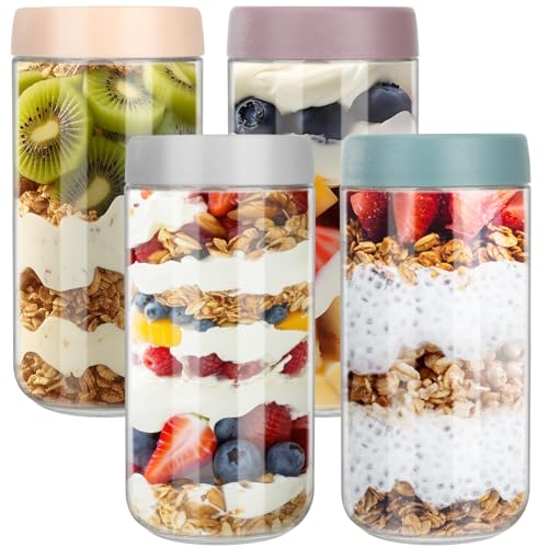 Otauoaea Juego de 4 Overnight Oats Jar 680ml - Tarros de Cristal con Tapa Hermética - Tarros Avena Nocturna - Frascos de Vidrio con Tapa - Bote Cristal Hermetico para Yogur, Mermelada, Cereales