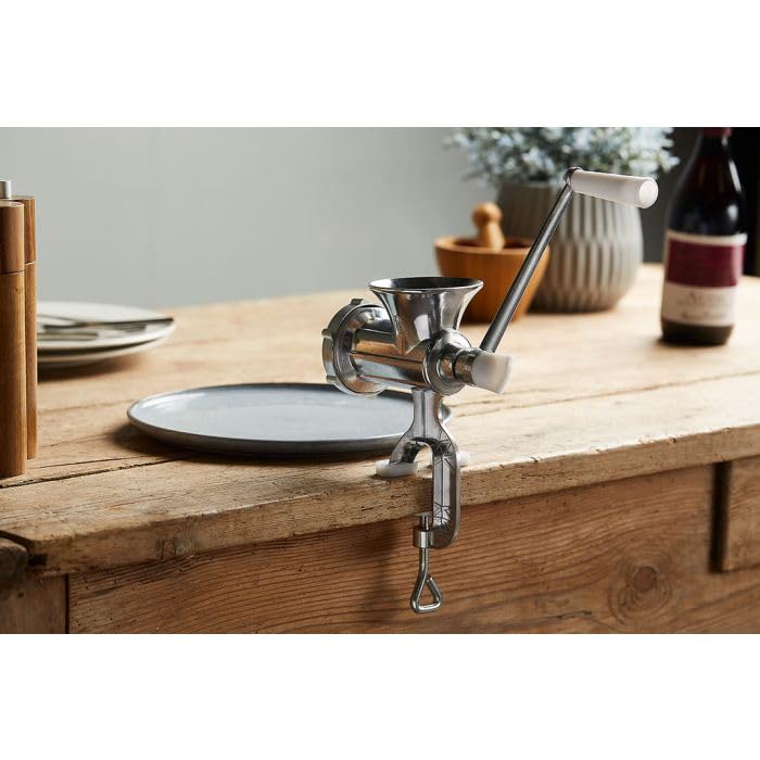 Tritacarne manuale in alluminio L 13 cm H 24 cm con manico in plastica con lama in ghisa