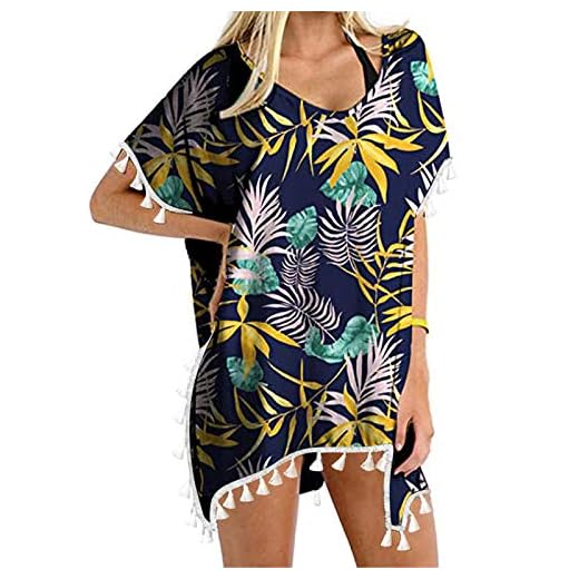 Lazzboy Strandkleid Damen Sommer Strand Pareo Trim Kaftan Badebekleidung Beach Loose Bikini Cover Up Tops Strandponcho Sommerkleid Bademode Longshirt Tunika (Marine,XL)