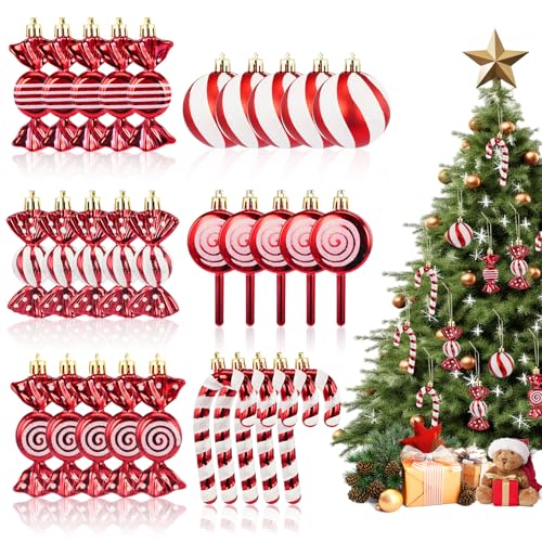 30pcs Lollipop Candy Cane Christmas Ornaments Set Plastic Candy Cane Hanging Peppermint Ornaments with Golden Ropes Glitter Red and White Christmas Lollipop Decorations for Holiday Xmas Trees Decor