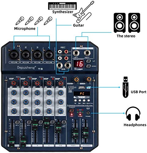 Depusheng T6 Audio-Mixer 6-KANAL-DJ-Soundcontroller-Schnittstelle mit USB-Soundkarte für PC-Aufnahme, XLR-Mikrofonbuchse… - Image 5