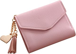 Mini Triple Folded Women Wallet Light Pink PU Leather Litchi Grain Cash Holder with Tassel Pendant Compact Card Coin Purse for Ladies