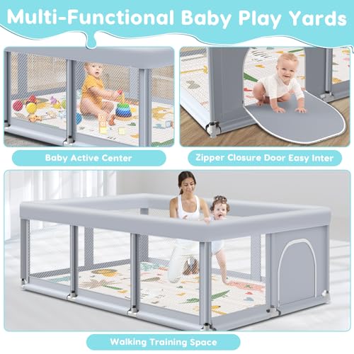 Image of Fshibila 74 inch x50 inch Large Baby Playpen, Baby Playard for Babies and Toddlers, Play Pens for Indoor & Outdoor, Sturdy Safety Play Yard with Soft Breathable Mesh, Anti-Fall, Grey (with MAT)