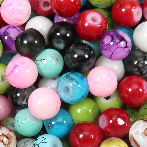 TOAOB 100 Piezas Cuentas de Vidrio Multicolor Patrón de Mármol de 8 mm Perlas Redondas Abalorios de Cristal para Hacer Bisuteria Joyas y Manualidades Collares Pulserasde Accesorios