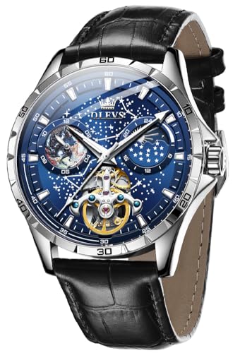 OLEVS Mens Leather Watches Automatic Mechanical Skeleton Tourbillon Diamond Luxury Self Winding Dress Wrist Watches Moon Phase Waterproof Luminous