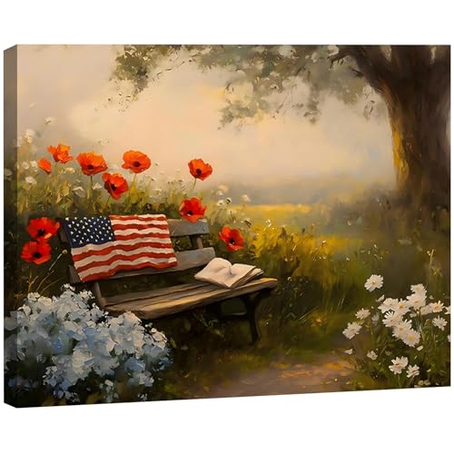 Image of RIBNTAK Made in USA Farmhouse Floral 4th of July Canvas Prints- Vibrant Bench in Peaceful Garden Landscape Wall Art, Memorial Day Pictures for Living Room, Bathroom, or Office Wall Decor