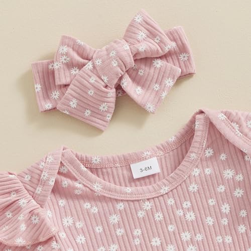 Newborn Baby Girl Clothes Summer Knit Ribbed Floral Print Short Sleeve Romper Shorts Headband Outfit Set4