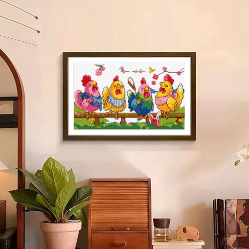 Image of Zhenqing Knitting Chickens Stamped Cross Stitch Kit, 11CT Printed Pattern on White Cotton Fabric, Farmhouse Chicken Decor | For Adults and Beginners, White 11CT Cotton Fabric, DIY Farmhouse Chicken Needlework, 50 x 33cm, 66313