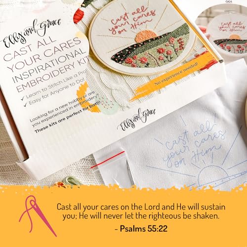Image of Elly & Grace Christian Embroidery Kit with Embroidery Hoop, Easy Embroidery Kit for Beginners and Adults, Full Embroidery Hoop Kit with Needles and Thread Included (Cast All Your Cares)