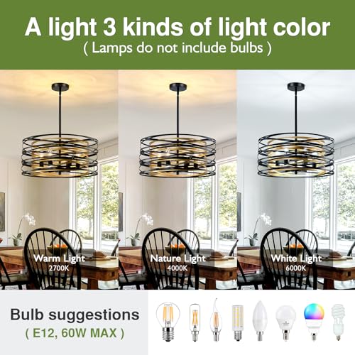Image of 6- Light Chandeliers Industrial Metal Hanging Light Fixture 19 Inch Farmhouse Chandeliers for Dining Room Black and Gold Pendant Light for Entryway Kitchen Foyer Bedroom