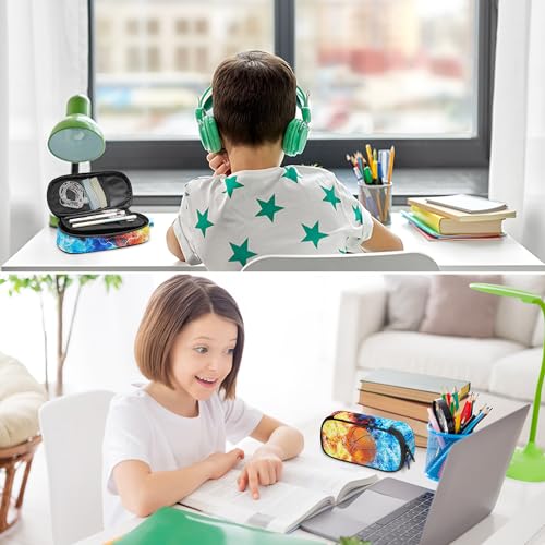 Image of Basketball Pencil Case for Boys, Large Capacity Pencil Pouch for Kids, Back to School Pencils Box Pen Bag with Zipper, Cool Pen Case Stationery Organizer for Middle Elementary School - Fire