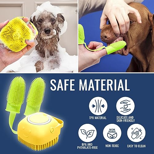 Image of Dog Finger Toothbrush, Dog Shampoo Brush, Dog Accessories: 3 in 1 Dog Bath Brush and 2 Finger Tooth Brush Kit, Essential Puppy Products for Teeth Cleaning, Bathing, and Grooming (Yellow).