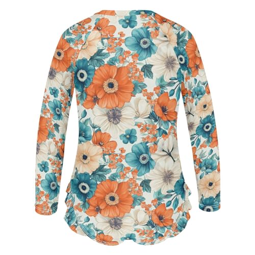 Girls Swimsuit Long Sleeve Bohemian Flowers Turquoise Coral Rashguard Swimsuits for Girls Kids Bathing Suit3