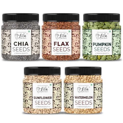 Image of LILA DRY FRUITS Seeds Combo Pack 5 Superseed (Chia, Flax, Pumpkin, Sunflower and Watermelon) 200gms Each (1 Kg) Raw Seeds Mix for Daily Nutrition & Healthy Snacking Superfood Perfect for Gifting
