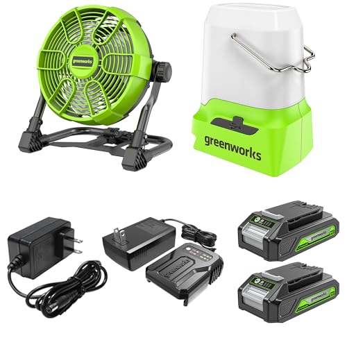 Image of Greenworks 24V 10 inch (5-Speed) Hybrid Fan (500 CFM) and 500 Lumens Lantern, with 2x2.0Ah Battery and Charger