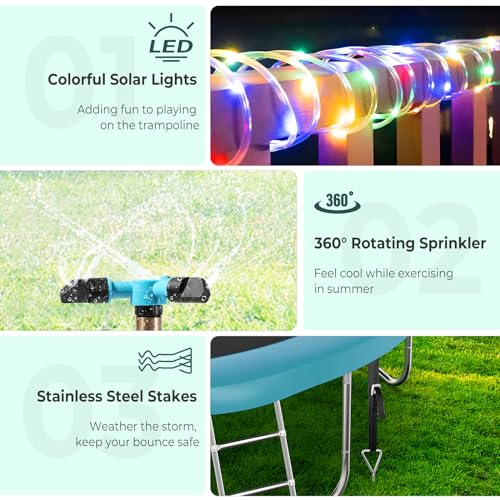 Non-Damaging Trampoline Sprinkler and 50FT Solar Lights Kit for 8 10 12 14 15 16FT Trampolines
| Trampoline Accessories Kit: 50FT Solar Lights with 8 Light Modes, Suitable for 8 10 12 14 15 16FT Trampolines
| Easy-to-Use Trampoline Sprinkler and Dur
