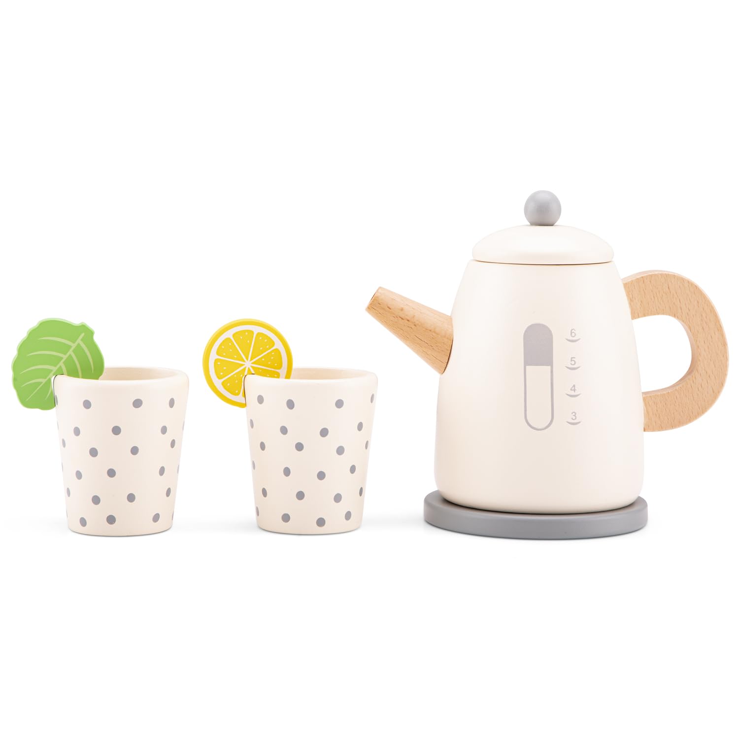 Kettle Set - Wooden Pretend Play Tea Set - Includes Kettle, Mint Leaf, Lemon Slice, Two Cups - Fun and Educational Toy for Kids