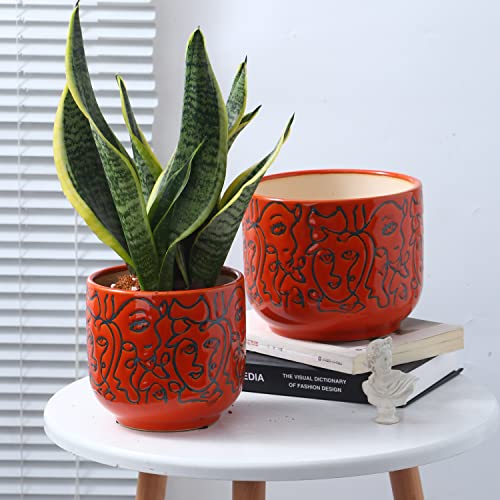 Gohearin Ceramic Indoor Planters With Drainage Hole - 6.6 Inch And 5.4 Inch Plant Pots 2 Set Medium Cylinder Flower Pot With Modern Design For Cactus Succulent Garden Decoration Gift (Red) #TOP2
