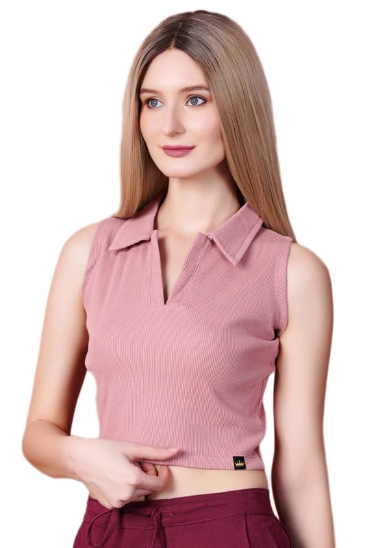 french crown Mauve Pink Premium Cotton Knit Stretchable Crop Top with Polo Collar-picture-22