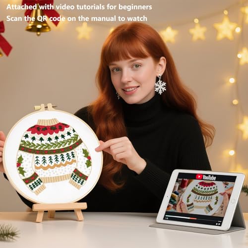 Image of Crafmanoe Christmas Embroidery Kits for Beginners Embroidery Stitches Practice Kits for Adults, Christmas Cross Stitch Kits for Beginners Craft Kits, Embroidery Hoops, Fabric, Threads & Video Tutorial