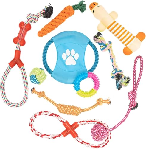 Fur & Bone 10er Set Kauspielzeug Welpe – Welpen Zubehör mit Baumwollseil, Hundespielzeug Quietschend & robustem Hundespielzeug für kleine Hunde – vielseitiges Welpenspielzeug für Training & Spiel
