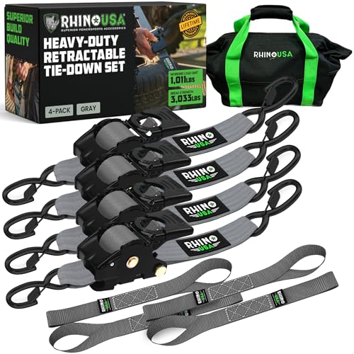 Rhino USA Retractable Ratchet Straps (4-Pack) - 2 Inch x 10 Feet (3,033lb Break Strength) - Heavy Duty Auto Self Retracting Tie Down Straps for Truck, Cargo Trailer, Motorcycle, Rad & More - Gray