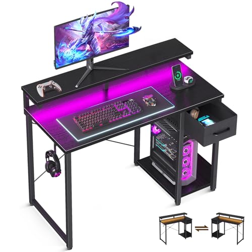 AODK Gaming Desk with LED Lights, 40 Inch Computer Desk with Drawers, Reversible Small Desk with...
