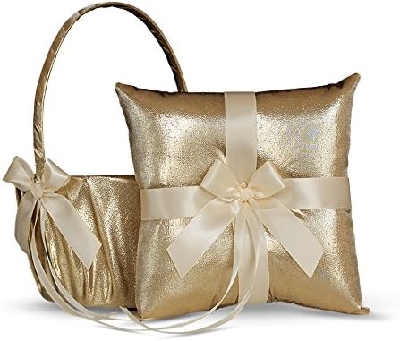 Alex Emotions Gold & Ivory Flower Girl Basket & Ring Bearer Pillow Set Gold Wedding Basket | Gold Wedding Ring Pillow | Gold Ring Holder
