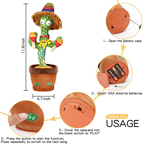 LUKETURE Dancing Cactus, 60 Songs Cactus Baby Toy with Drum and Hat, Talking Cactus Toy That Repeat What You Say, Recording & Repeating Cactus Toy (60 Songs) - Thumbnail 5