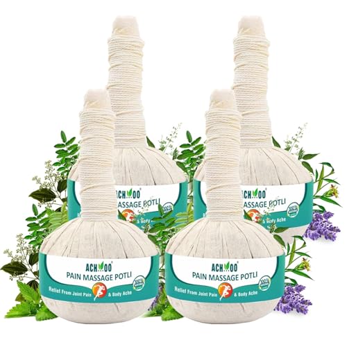 Image of ACHOO Pain Massage Potli - 100% Ayurvedic Herbal Healing Massage For Joint And Muscle Pain Relief | Loosen Up Tense Knotted Muscles, Release Stress And Muscle Tension (400g (Pack of 4))