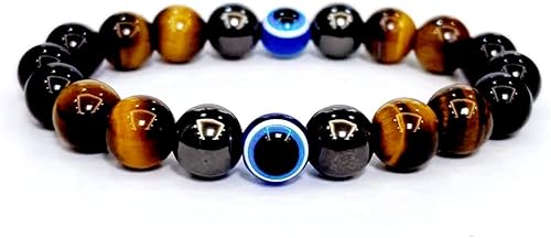 Pulseras de triple protección con piedra de ojo de tigre de obsidiana negra con hematita para hombres y mujeres, pulsera de piedra curativa de