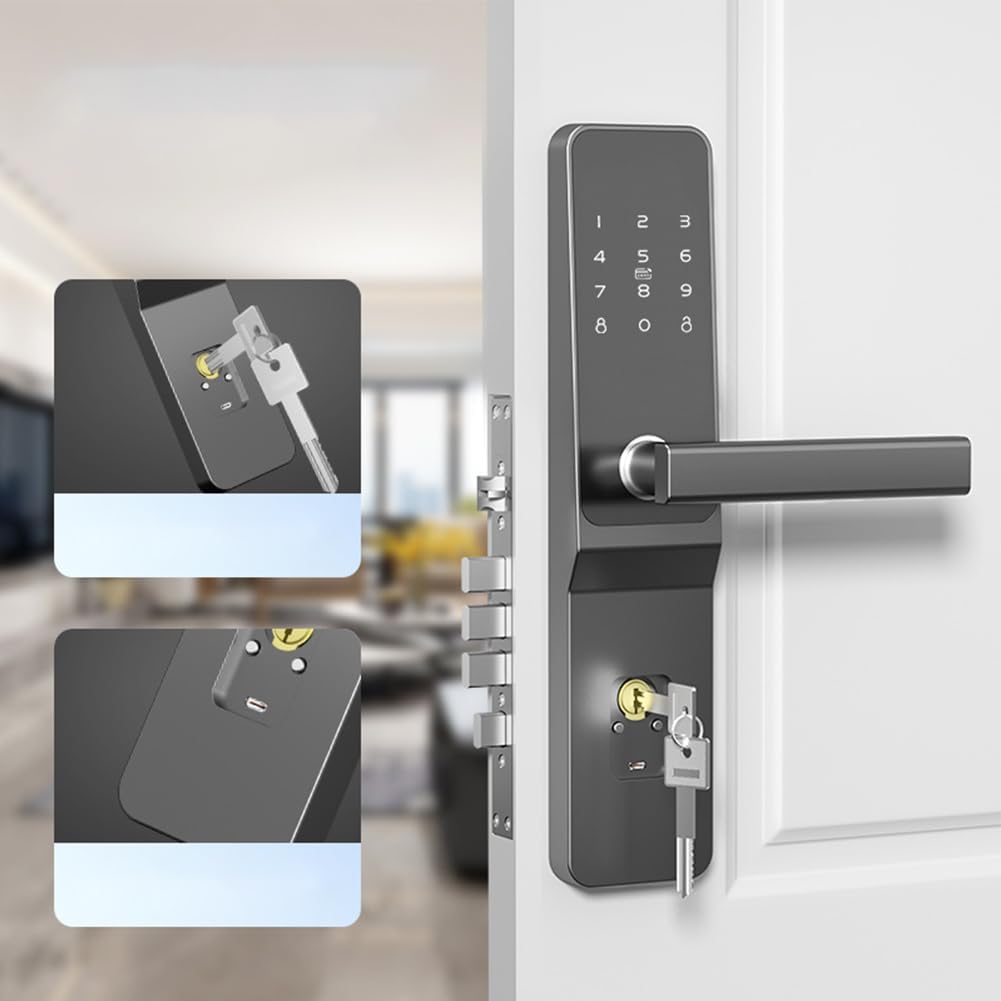 Cerradura de puerta inteligente para sistema TTlock, contraseña electrónica y tarjeta IC para acceso, control remoto de aplicación, cerrojo antirrobo para el hogar del hotel, gris (modelo electrónico)