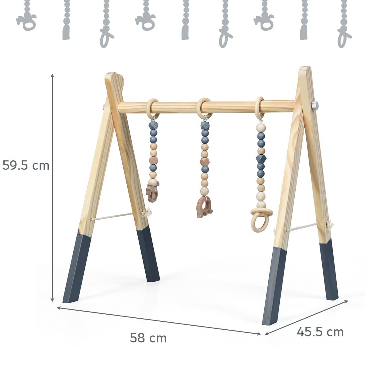 GYMAX Portique d'Éveil Bébé Bois, Arche Éveil Bébé, Dès 2 Mois Gym d'Activité Centre pour Bébé avec 3 Jouets en Bois Suspendus, 59.5 x 58 x 45.5 CM, Gris