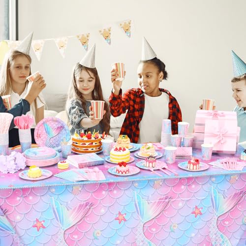 Image of Funnymoom 452 Pcs Mermaid Party Decorations Include Sea Mermaid Paper Plates Napkins Cups Tablecloth Cutlery Straws Ocean Tableware for Baby Shower Birthday Party Supplies