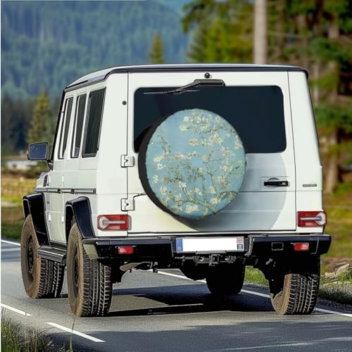 Image of Spare Tire Cover PU Leather, Waterproof Wheel Cover with Almond Blossoms in Bloom, Universal for Trailer RV SUV Truck Camper, 5 Sizes from 14-18 Inches, 18 inch Fit Tire Diameter 33 inch-34 inch