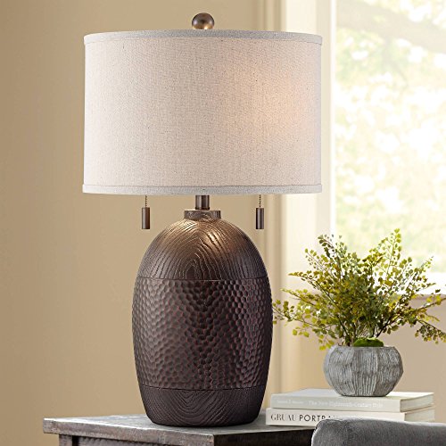 Byron Rustic Farmhouse Industrial Table Lamp 27.5 Tall Hammered Textured Bronze White Fabric Drum Shade Decor for Living Room Bedroom House Bedside Nightstand Home Office - Franklin Iron Works
