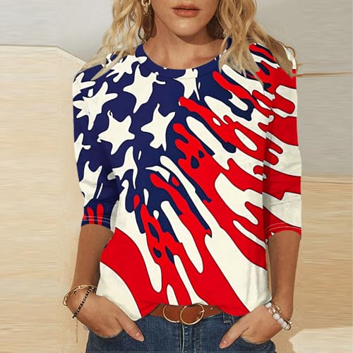 Image of Fourth of July Shirts for Women 3 /4 Sleeve Summer Tops American Flag Print T Shirt Patriotic 4th of July Shirts 2025