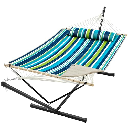 Image of SUPERJARE 12ft Double Hammock with Stand, Rope Hammock for 2 Person, Detachable Hammock Bed and Pillow, Portable, Anti-Tip Safety Ropes, Carry Bag, Outdoor Backyard Patio Camping, Dark Cyan