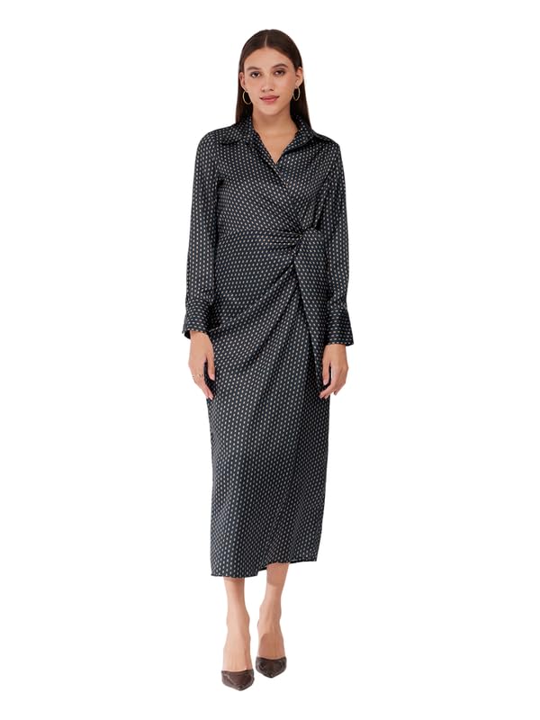 Image of FableStreet Women's Casual Shirt Collar Printed Polyester Midi Dress